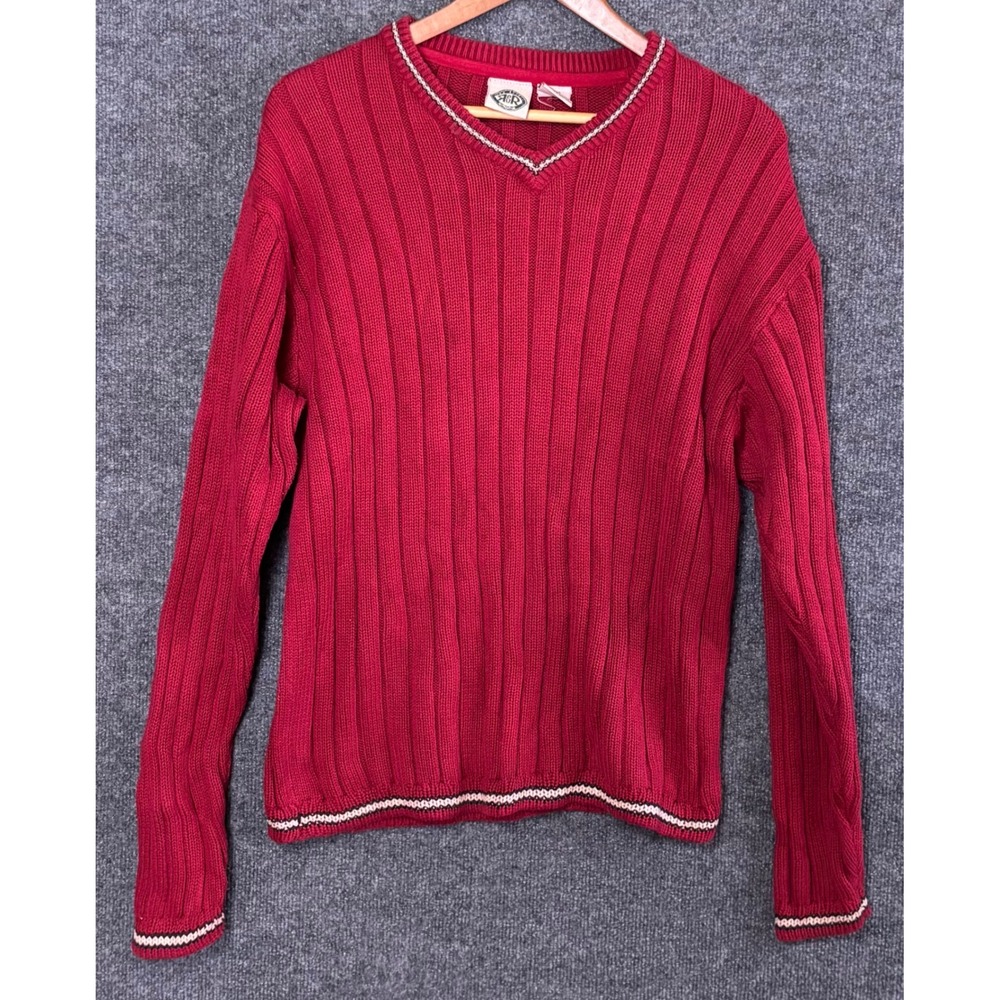 VTG Sears Mens Red Ribbed‎ V Neck Sweater R&R Size M Cotton Blend